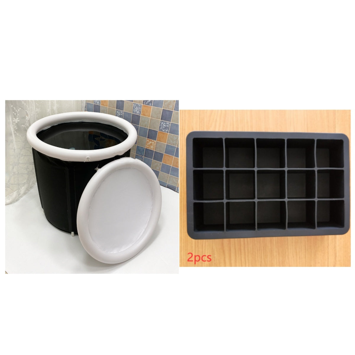 Black tub and silicone ice cube tray on a white background