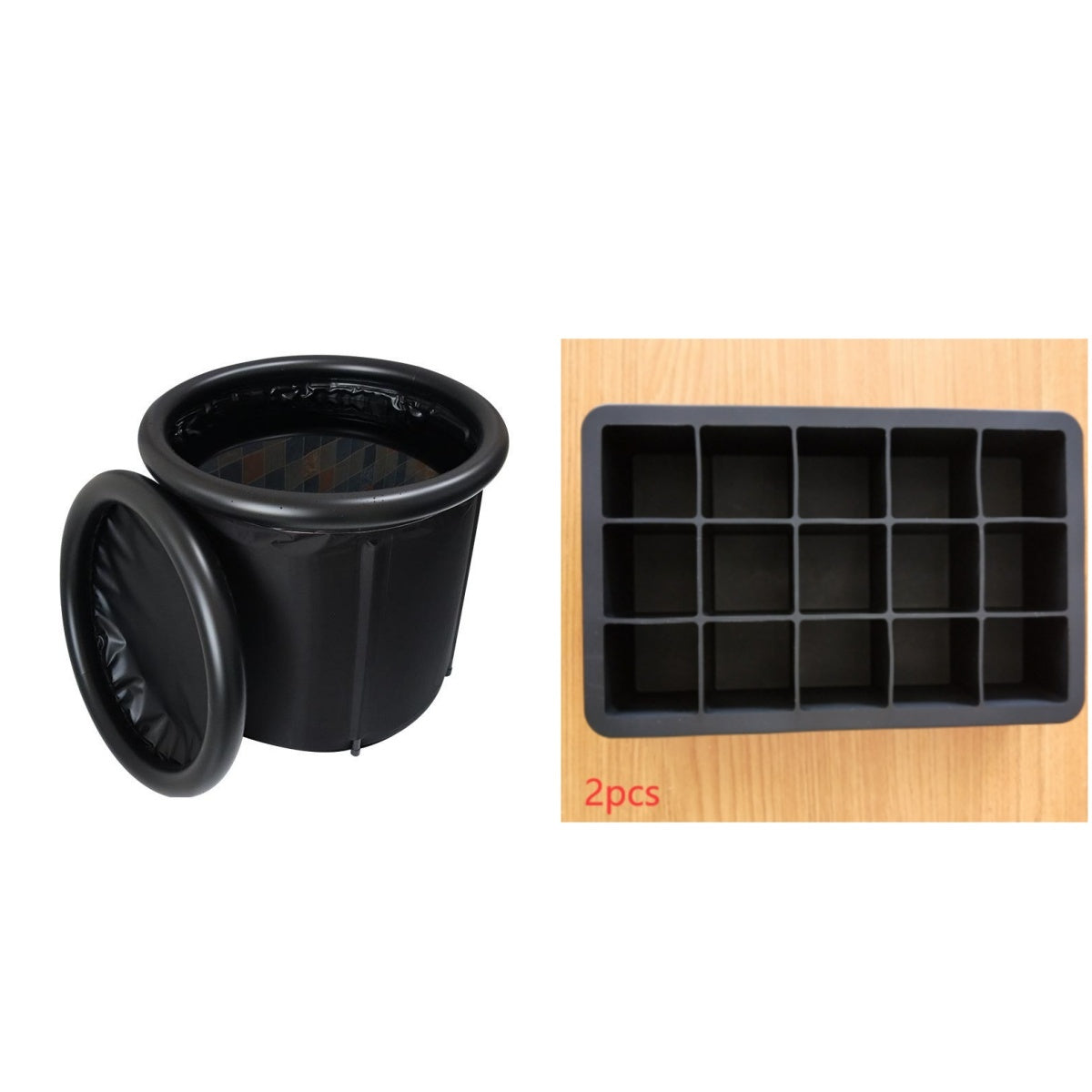 Black ice tub with ice cube tray on a white background