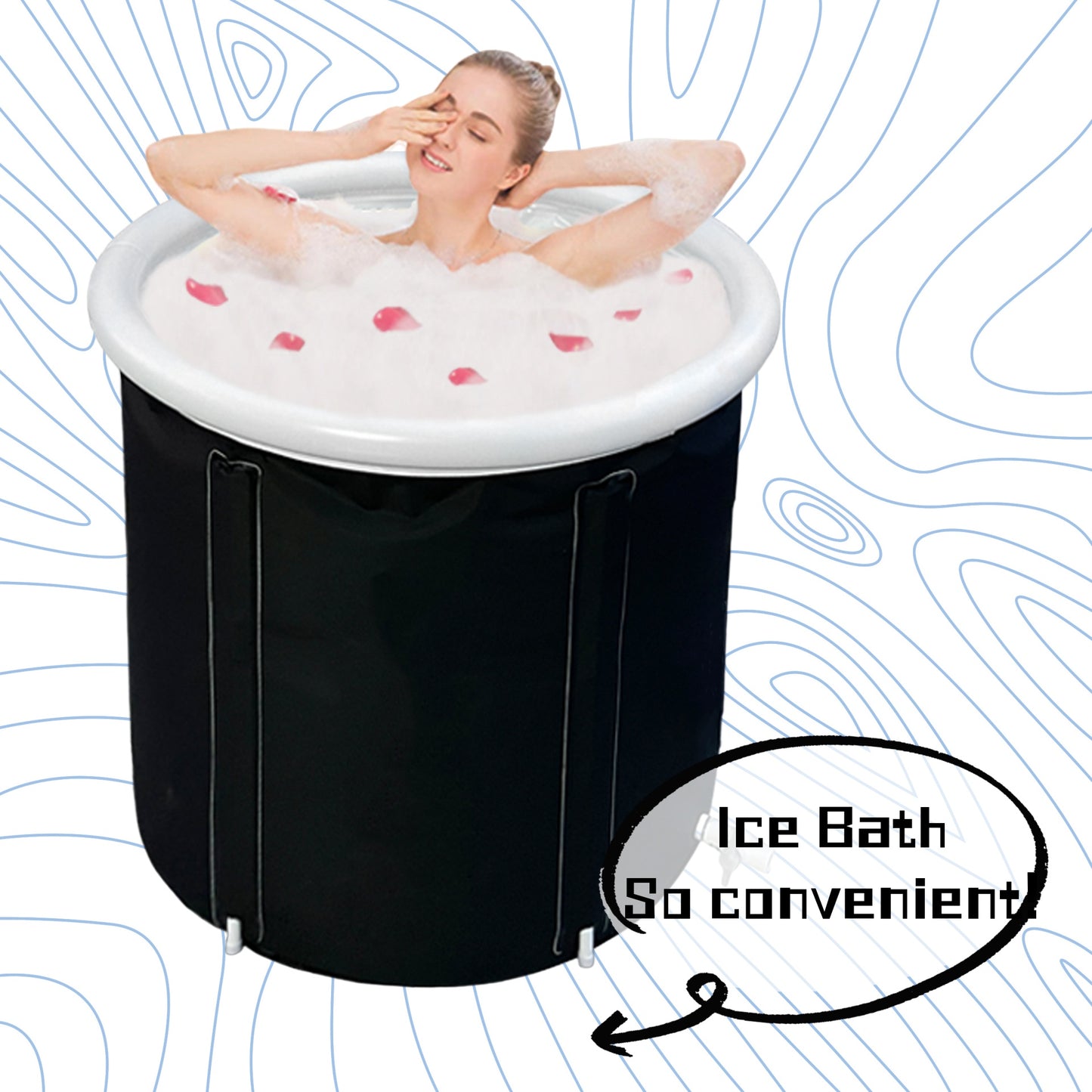Person in a portable ice bath with text 'Ice Bath So convenient' on a white background